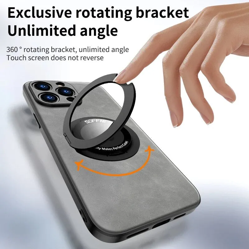 Ultra-thin Ring Stand Leather Phone Case Magnetic Wireless Charging For IPhone