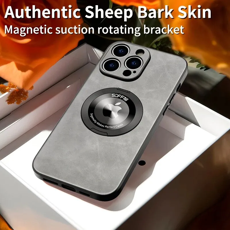 Ultra-thin Ring Stand Leather Phone Case Magnetic Wireless Charging For IPhone