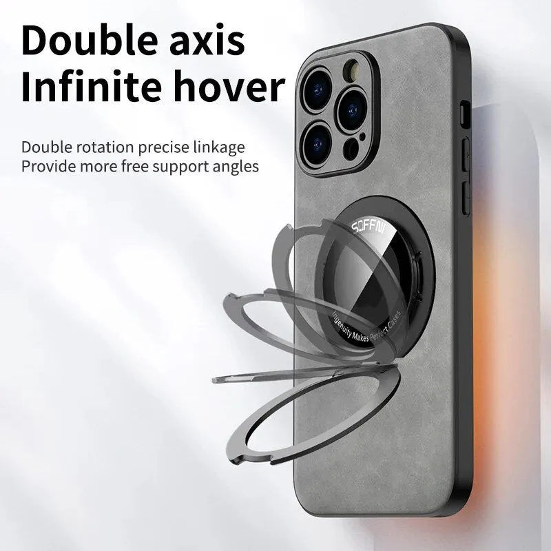 Ultra-thin Ring Stand Leather Phone Case Magnetic Wireless Charging For IPhone