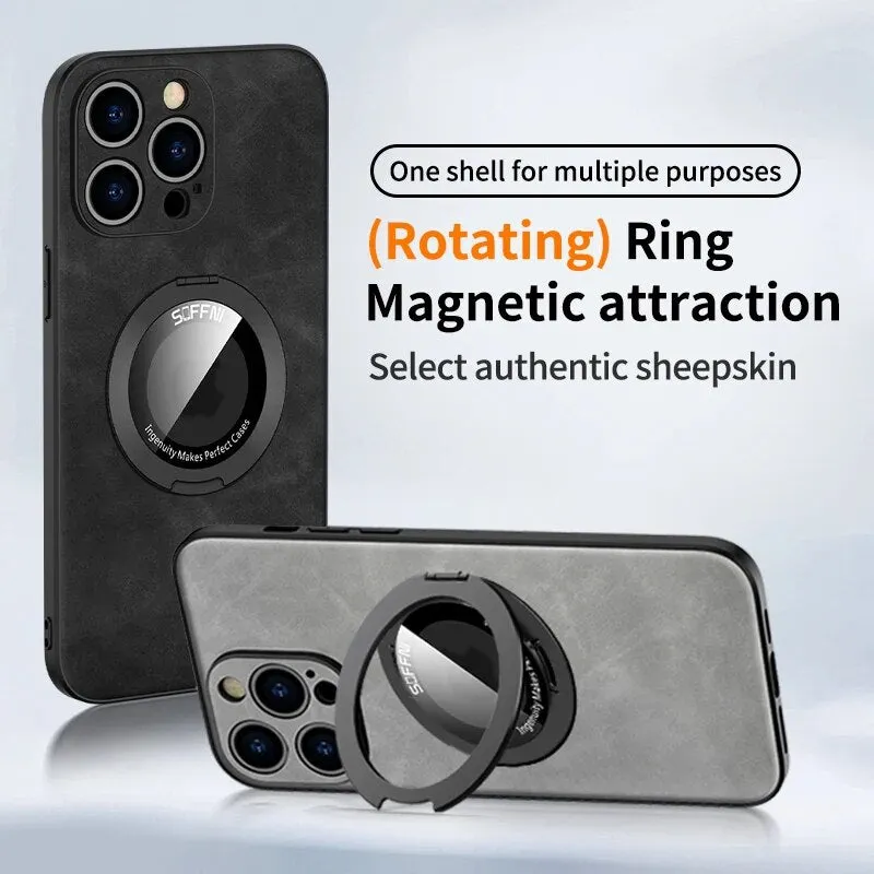 Ultra-thin Ring Stand Leather Phone Case Magnetic Wireless Charging For IPhone