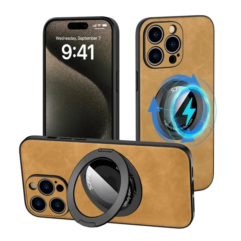 Ultra-thin Ring Stand Leather Phone Case Magnetic Wireless Charging For IPhone
