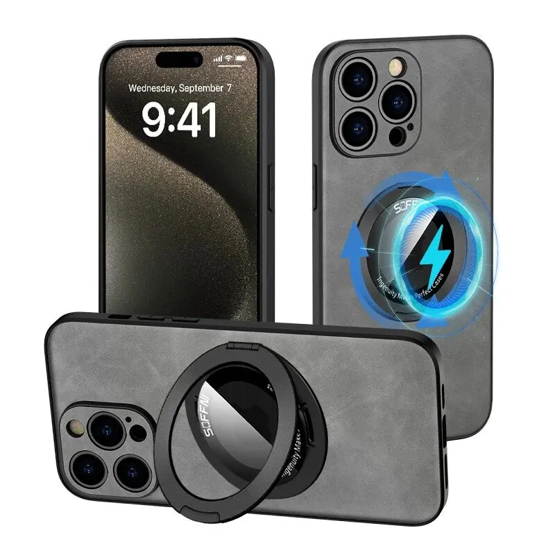 Ultra-thin Ring Stand Leather Phone Case Magnetic Wireless Charging For IPhone