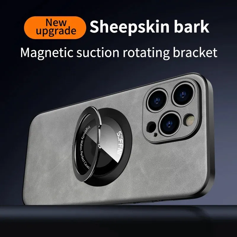 Ultra-thin Ring Stand Leather Phone Case Magnetic Wireless Charging For IPhone