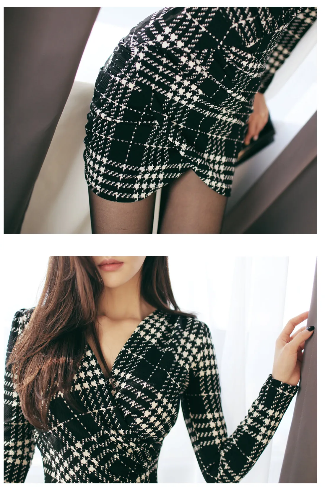 VenusFox Women Long Sleeve Sexy Vintage Plaid Dresses