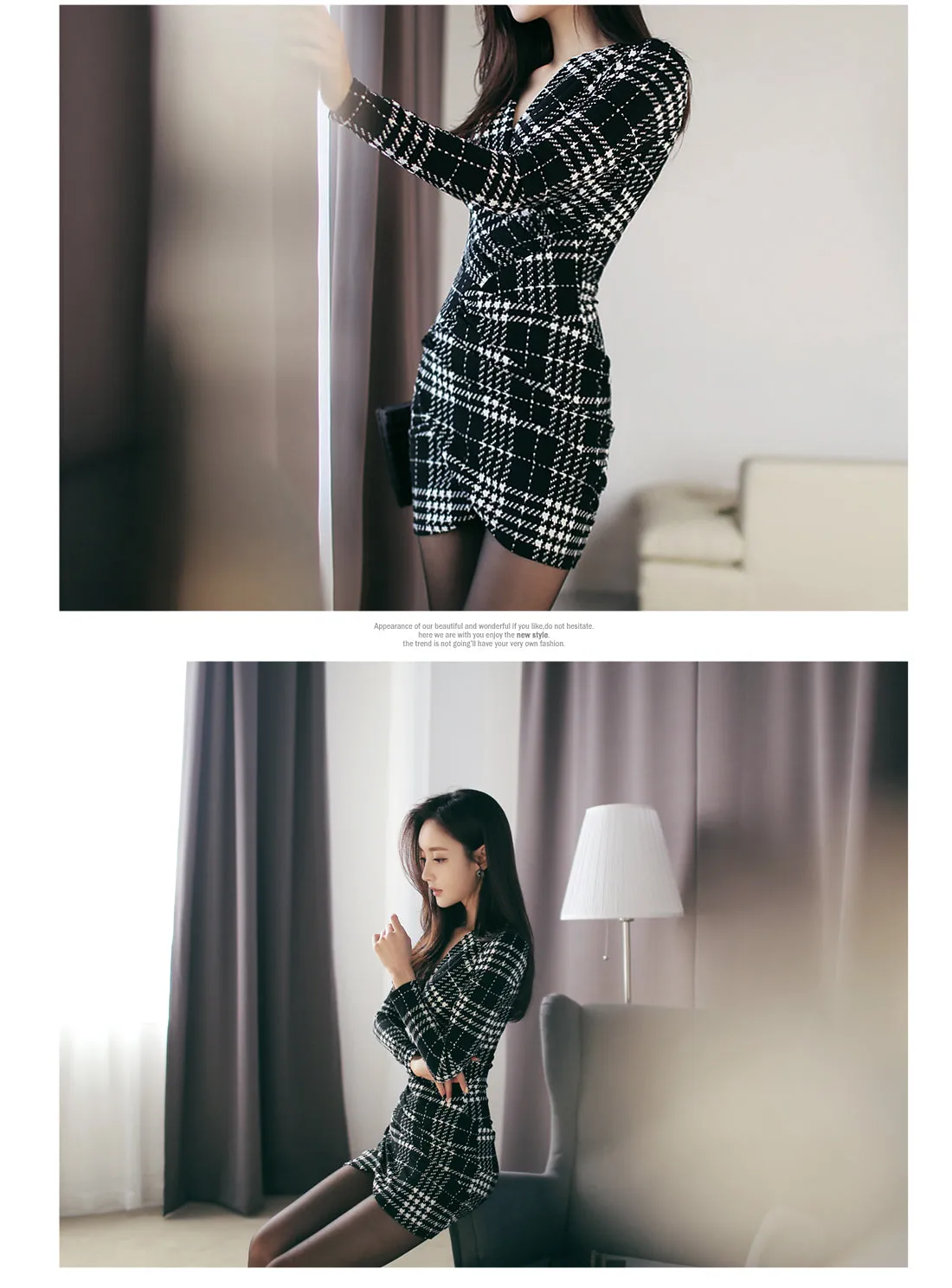 VenusFox Women Long Sleeve Sexy Vintage Plaid Dresses