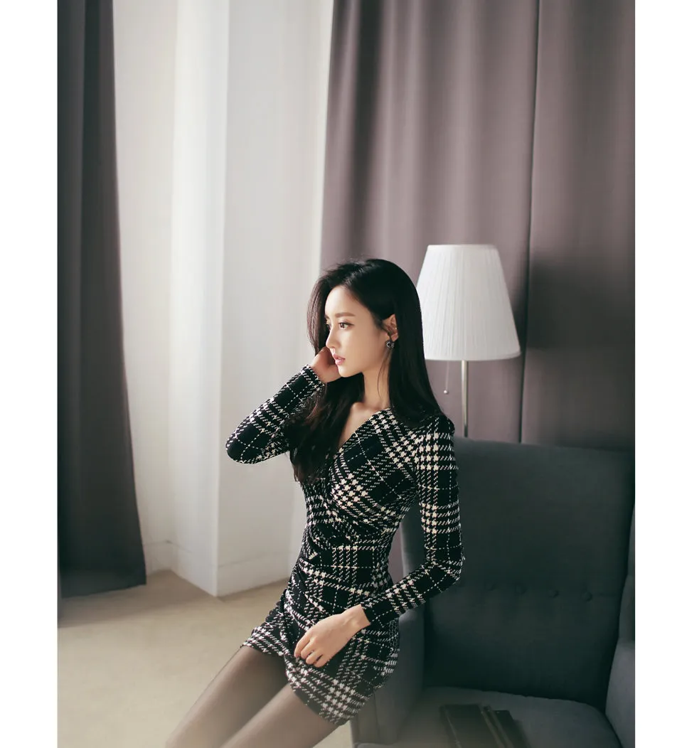 VenusFox Women Long Sleeve Sexy Vintage Plaid Dresses