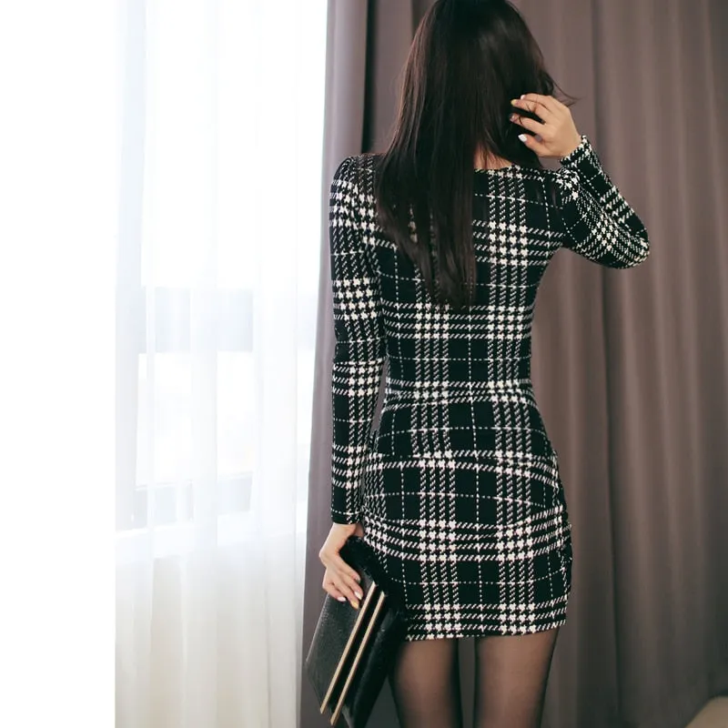 VenusFox Women Long Sleeve Sexy Vintage Plaid Dresses