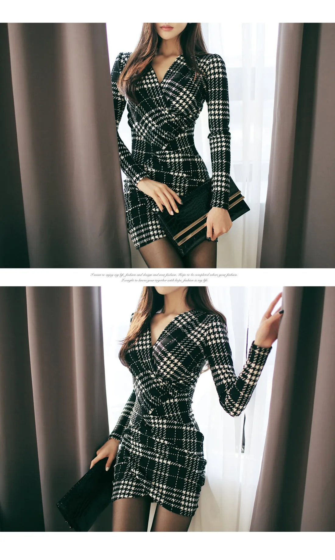 VenusFox Women Long Sleeve Sexy Vintage Plaid Dresses
