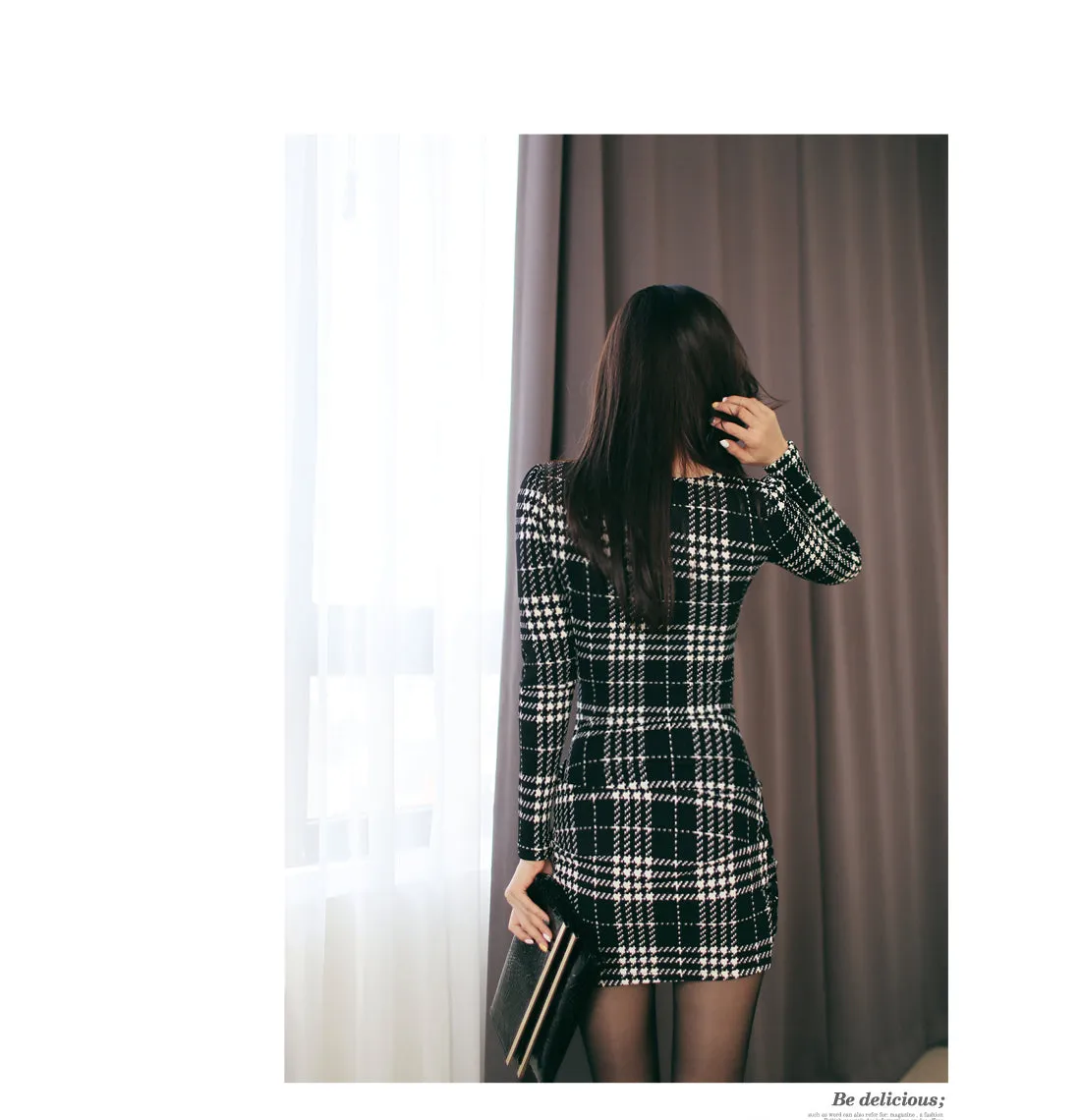 VenusFox Women Long Sleeve Sexy Vintage Plaid Dresses