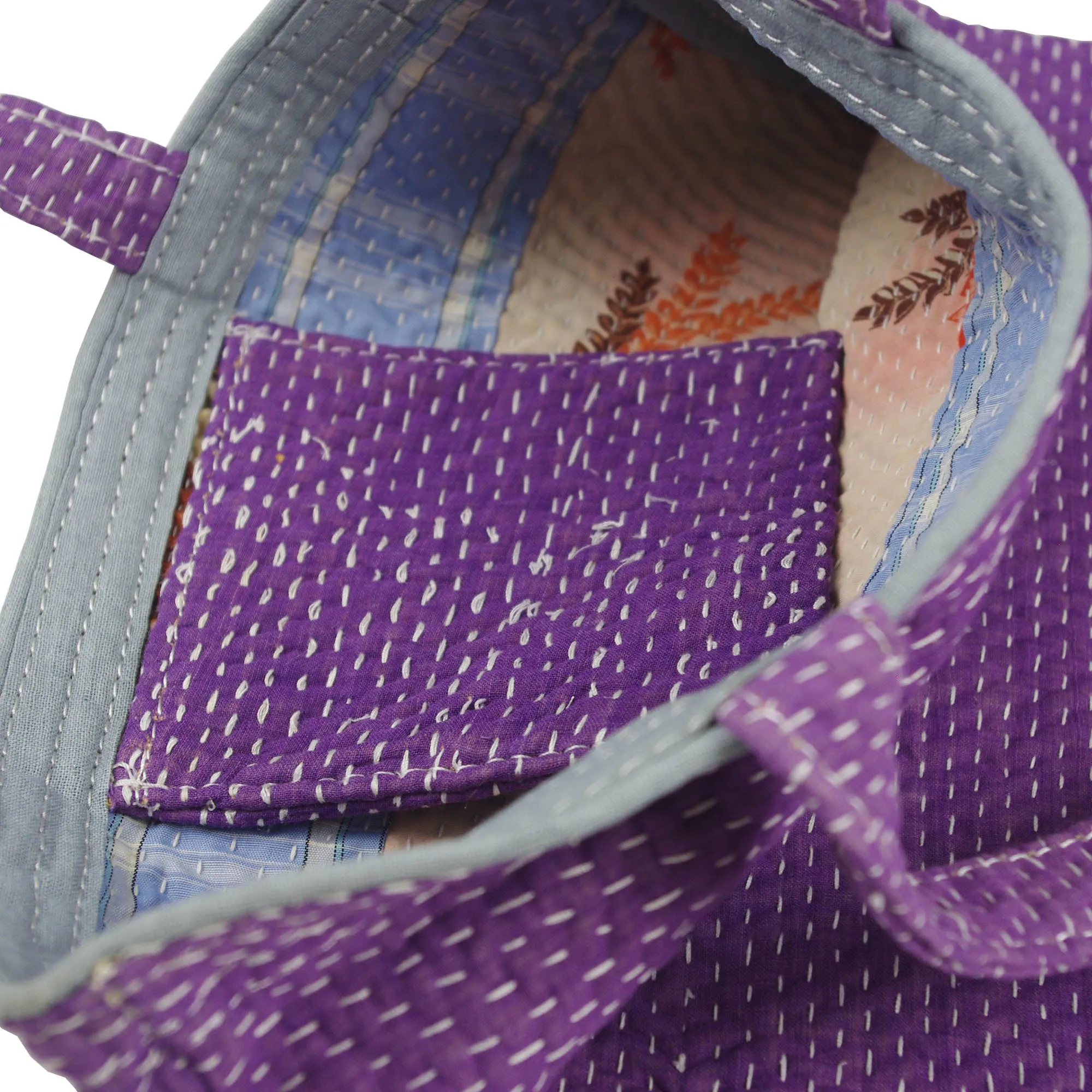Vintage Fine Kantha Stitched Cotton Tote Bag- Plain Purple