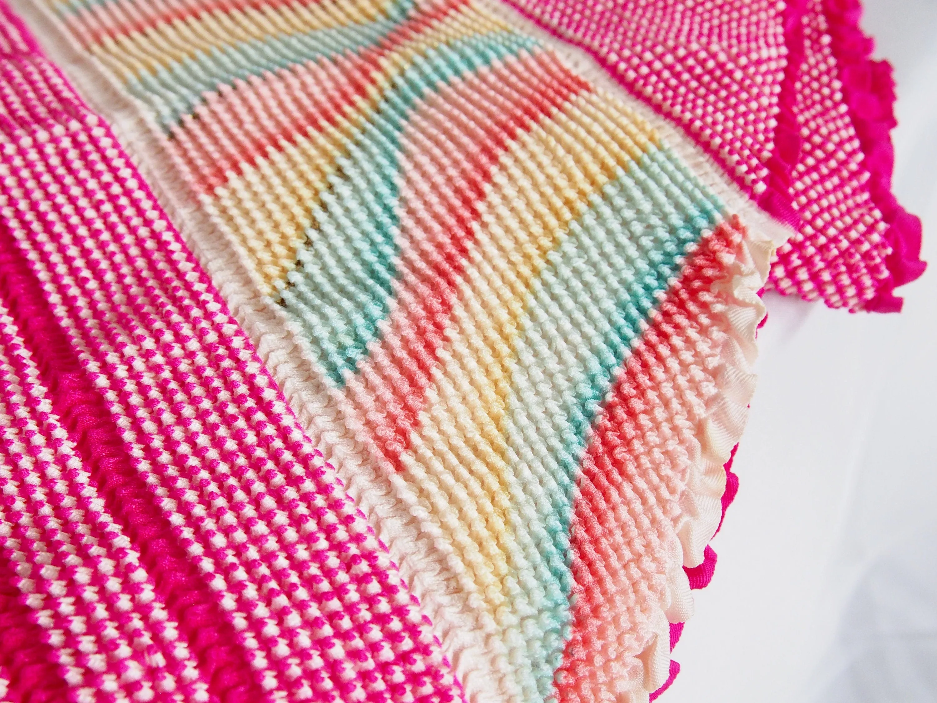 Vintage Japanese silk shibori obiage sash -  vivid fuchsia with a pastel rainbow accent