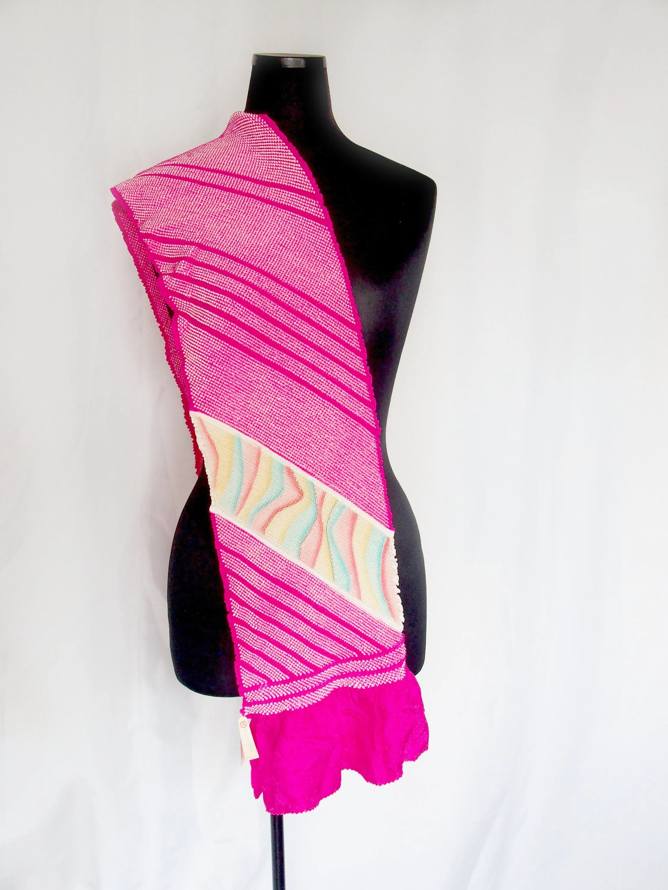 Vintage Japanese silk shibori obiage sash -  vivid fuchsia with a pastel rainbow accent