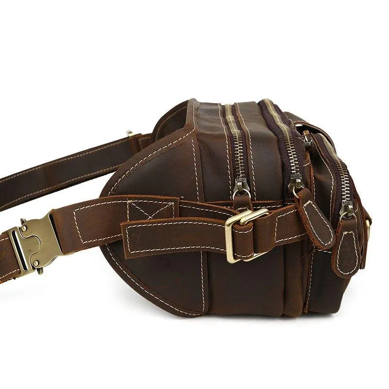 Woosir Leather Fanny Pack with 5 Zippered Pockets