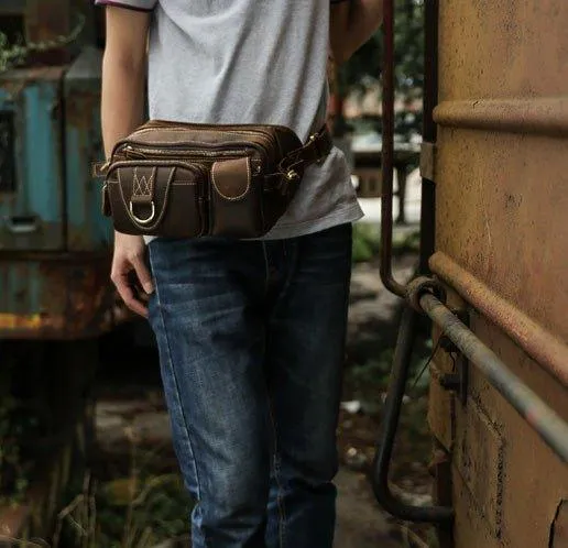 Woosir Leather Fanny Pack with 5 Zippered Pockets