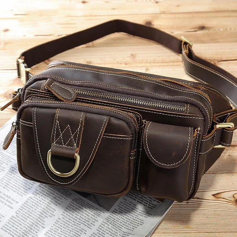 Woosir Leather Fanny Pack with 5 Zippered Pockets
