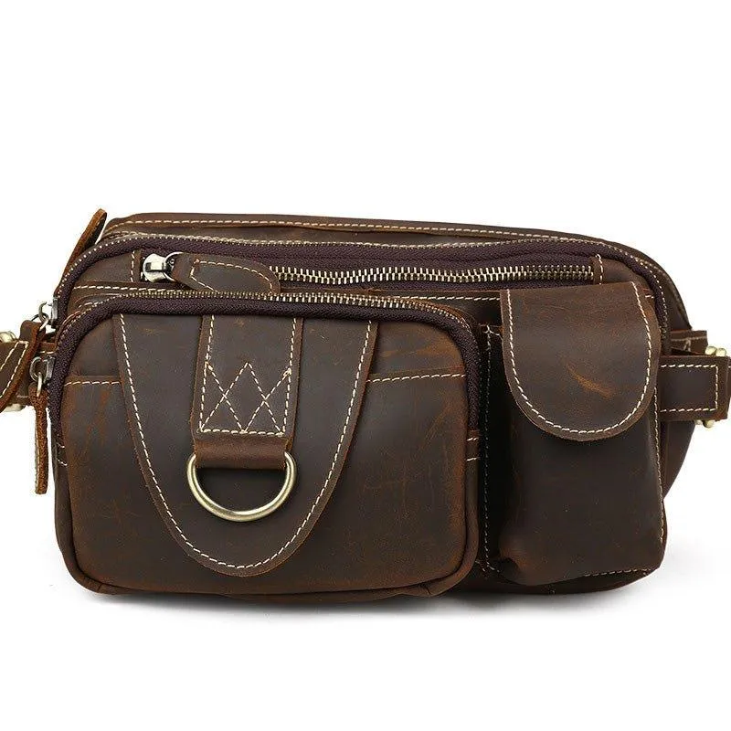 Woosir Leather Fanny Pack with 5 Zippered Pockets