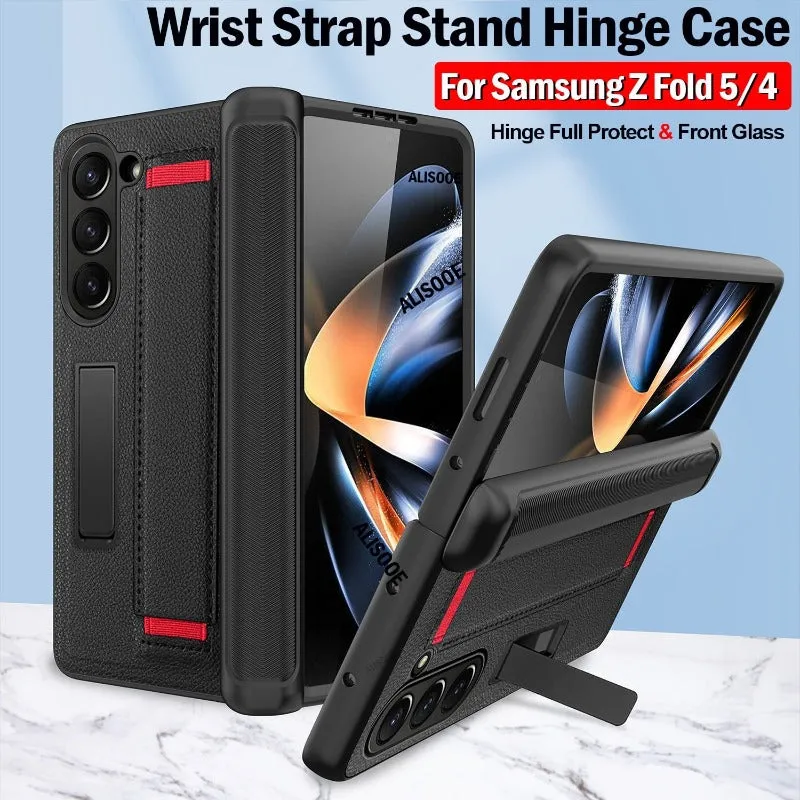 Wristband Hinge Phone Case With Front Glass Wrist Strap Stand For Samsung Galaxy Z Fold 5 4