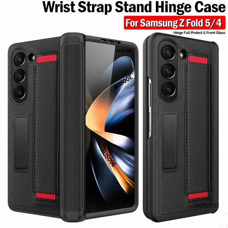 Wristband Hinge Phone Case With Front Glass Wrist Strap Stand For Samsung Galaxy Z Fold 5 4